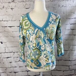 Sigred Olsen‎ Sweater Womens Medium V Neck Silk Blend Paisley Multicolor Blue